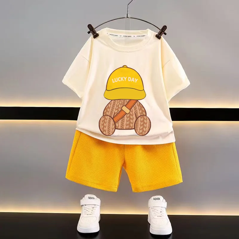 New Boy\'s Summer Clothing Set Casual Loose T-shirt and Shorts for Boys Drop Shoulder Sleeve Baby T Shirt Sets Carton Hat Bear