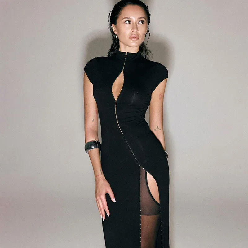 High Neck Club Party Bodycon Dress Hollow Out Maxi Dress Short Sleeve Split Hem Long Women Dresses Club Outfit черное платье