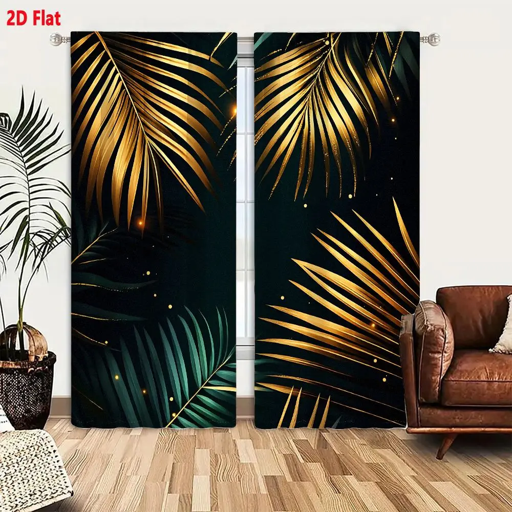 2Pcs Curtains Add 2D Flat Elegant Luxurious Palm Fronds Gold Emerald Dark Teal Background Glitter Fireflies Magical Decorative B