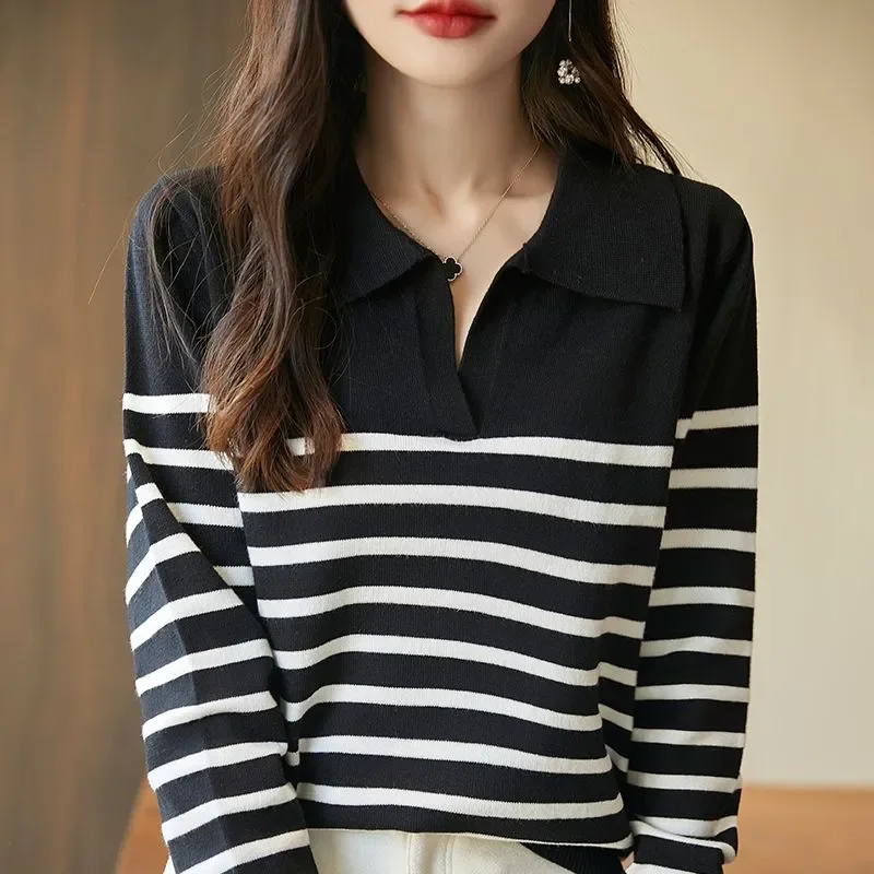 Women Striped Polo Collar Knit Sweater Loose Long Sleeve Autumn Basic Casual Layering Top