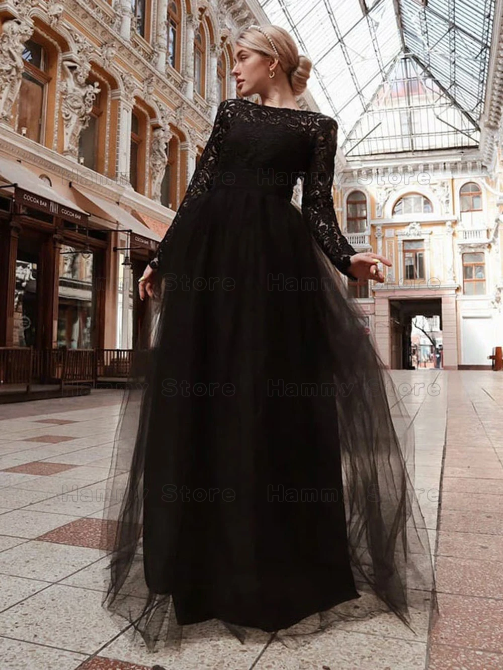 Gothic Lace Wedding Dress Customized Boat Neck Long Sleeves Open Back Sexy Black Bridal Gown Custom Size Women Vestido De Noiva