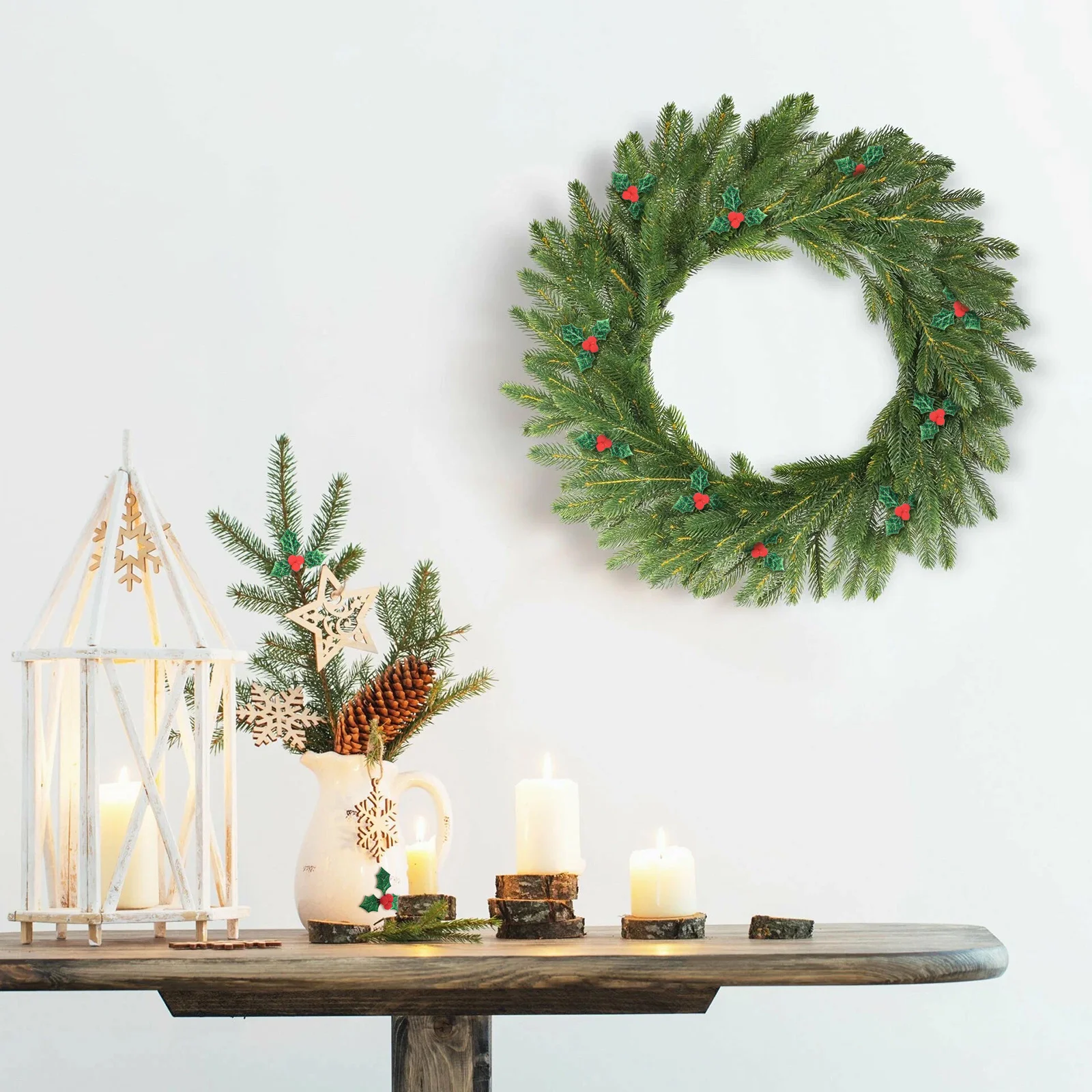 

100pcs Christmas Holly Leaf Berry Decor Cloth Material Diy Wreath Making Xmas Tree Decoration Green Leaves Crafting Supplies