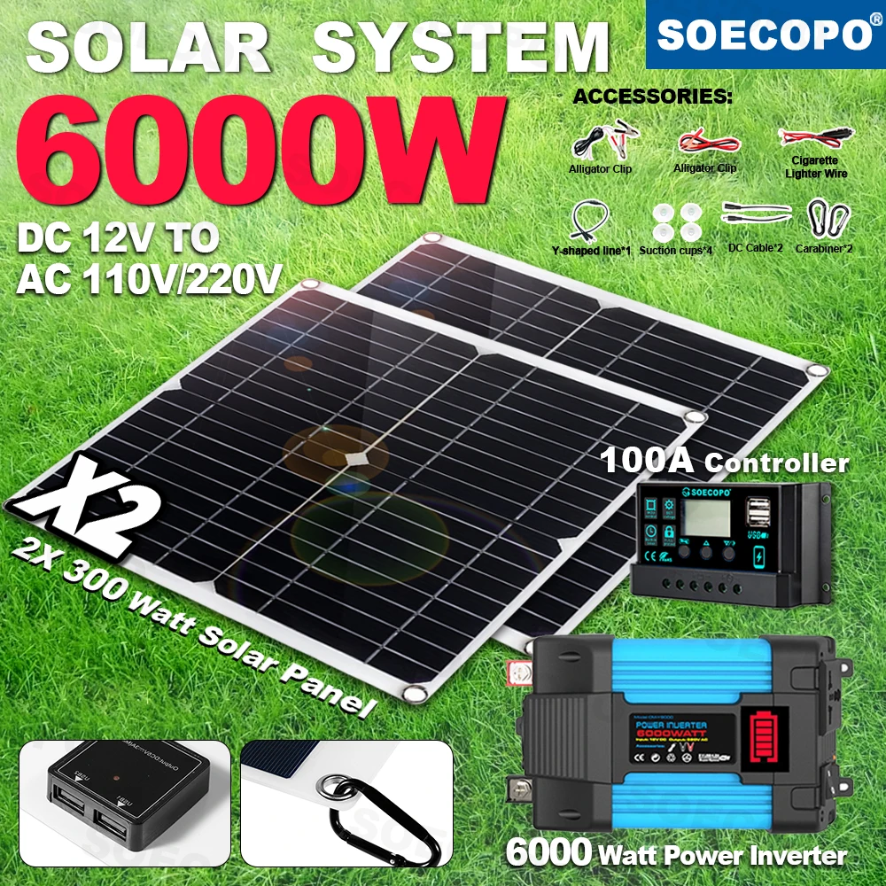 

Портативная солнечная система SOECOPO, 6000 Вт, инвертор панелей 2 × 300 Вт (DC от 12 В до AC110 В/220 В), контроллер 100 А — для домашнего кемпинга, автомобиля