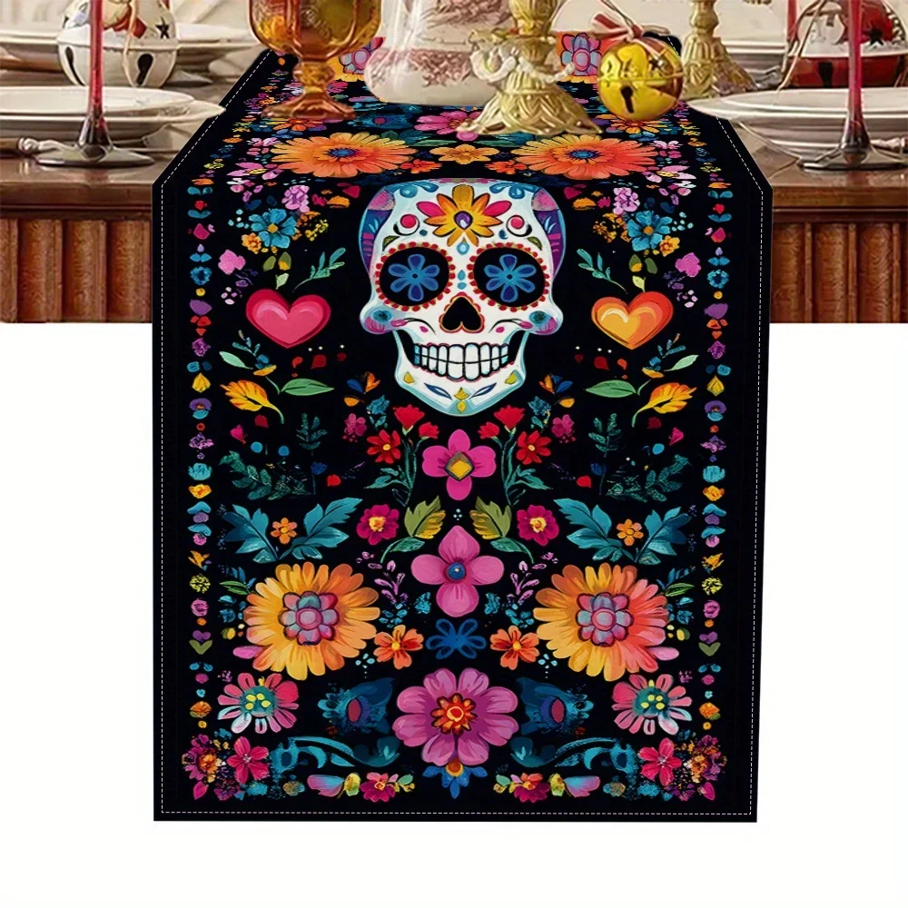 Mexican Colorful Flower Sugar Skull Linen Table Runner Mexico Day of The Dead Dia De Los Muertos Table Runner Fiesta Party Decor