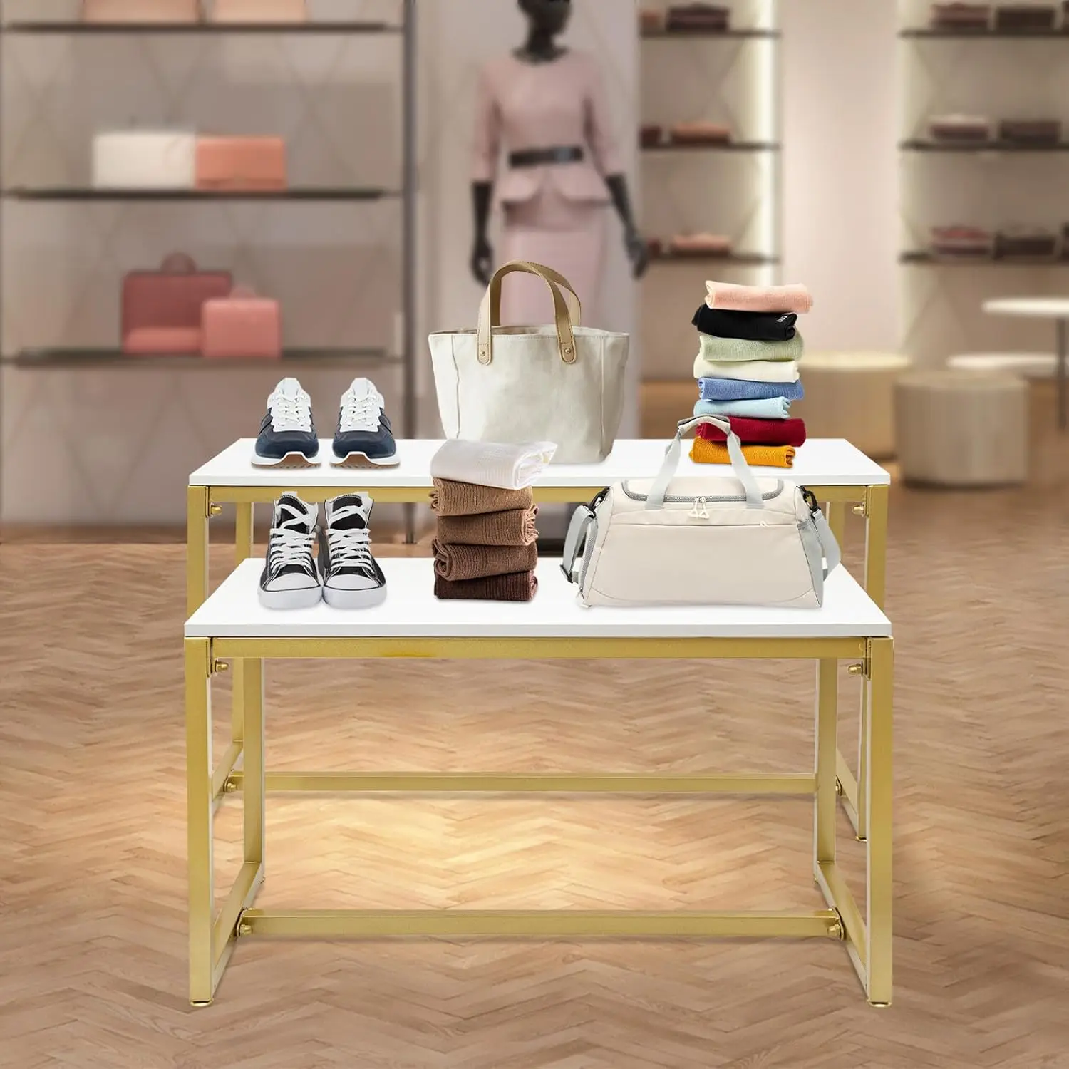 طقم مكون من قطعتين من طاولات التعشيش الذهبية الحديثة، رف عرض معدني للأحذية وحقائب اليد والمنزل ومحلات الملابس - سعة تحميل 110 رطل