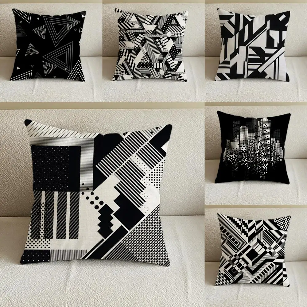 Artwork Black and White Geometric Cushion Cover Natural Linen Pillowcase Set, All-in-One Decor for Sofa, Bedroom & Chair