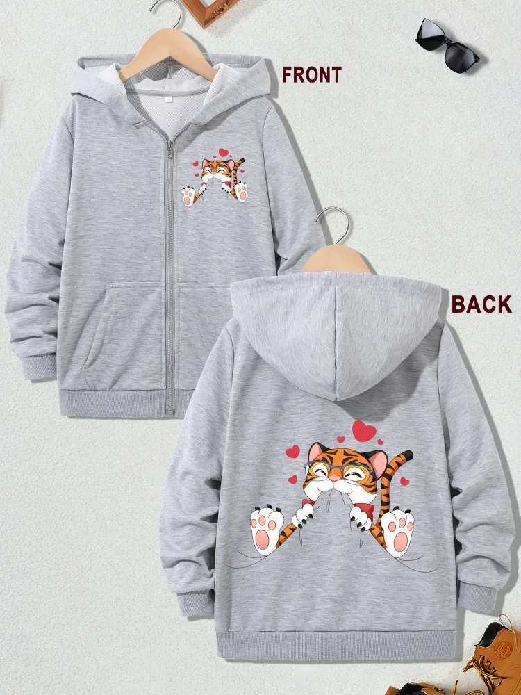 Kids Grey Zip Up Hoodie Cute Cartoon Tiger Heart Print Front And Back Pattern Long Sleeve Pocket Casual Hooded Jacket