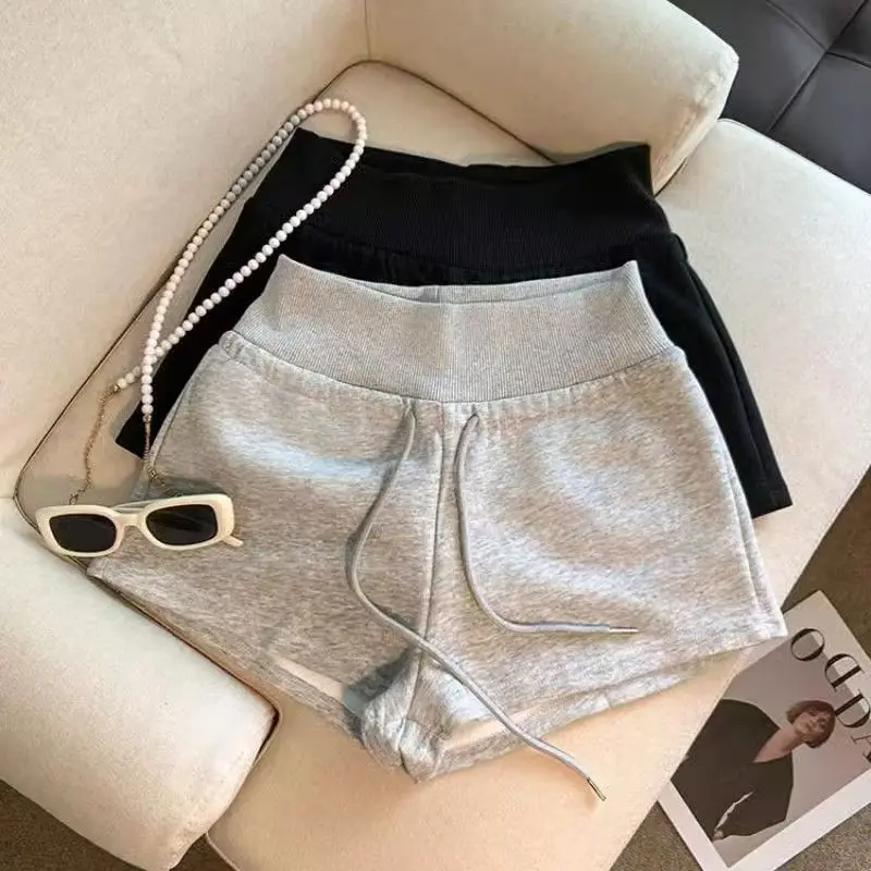 

Женские винтажные однотонные повседневные спортивные шорты из хлопка с необработанной отделкой и высокой талией, летние спортивные шорты в стиле Харадзюку, уличная одежда, шорты на шнурке