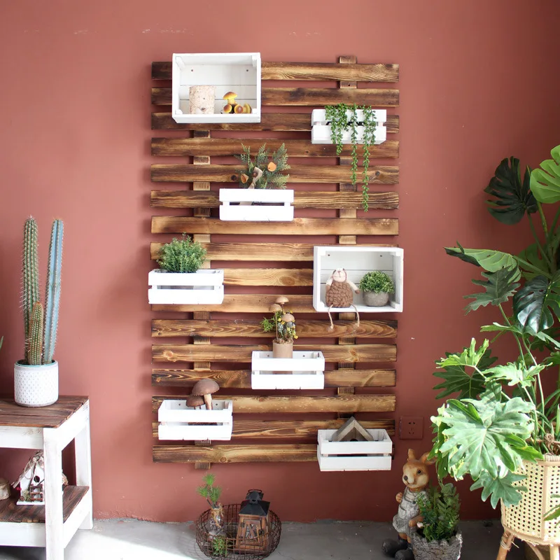 */*Retro Wall Rack Solid Wood Multi-functional Wall Hanging Storage Compartment Succulent Flower Pot Storage Rack Balcony Garden