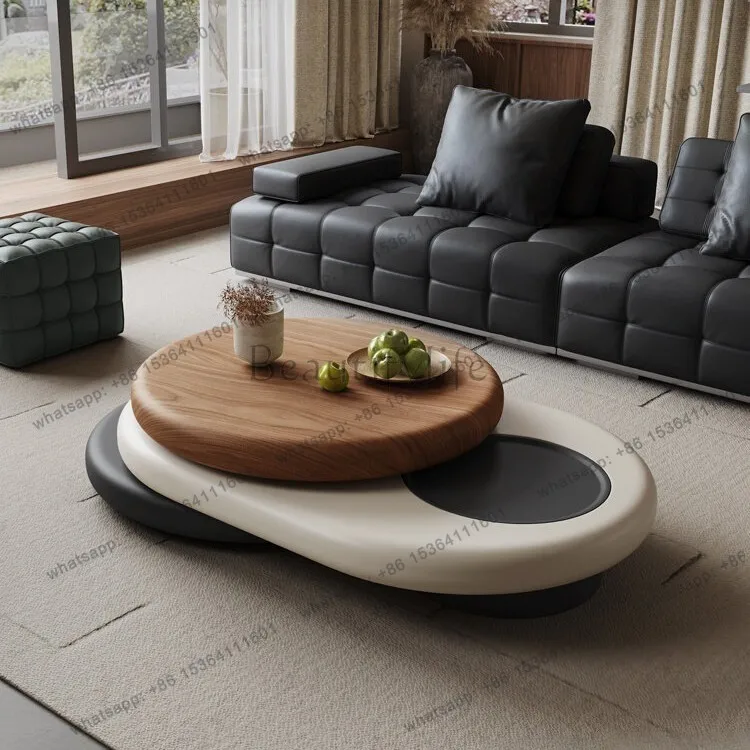 Italian minimalist rotating coffee table modern simple special-shaped walnut leather coffee table