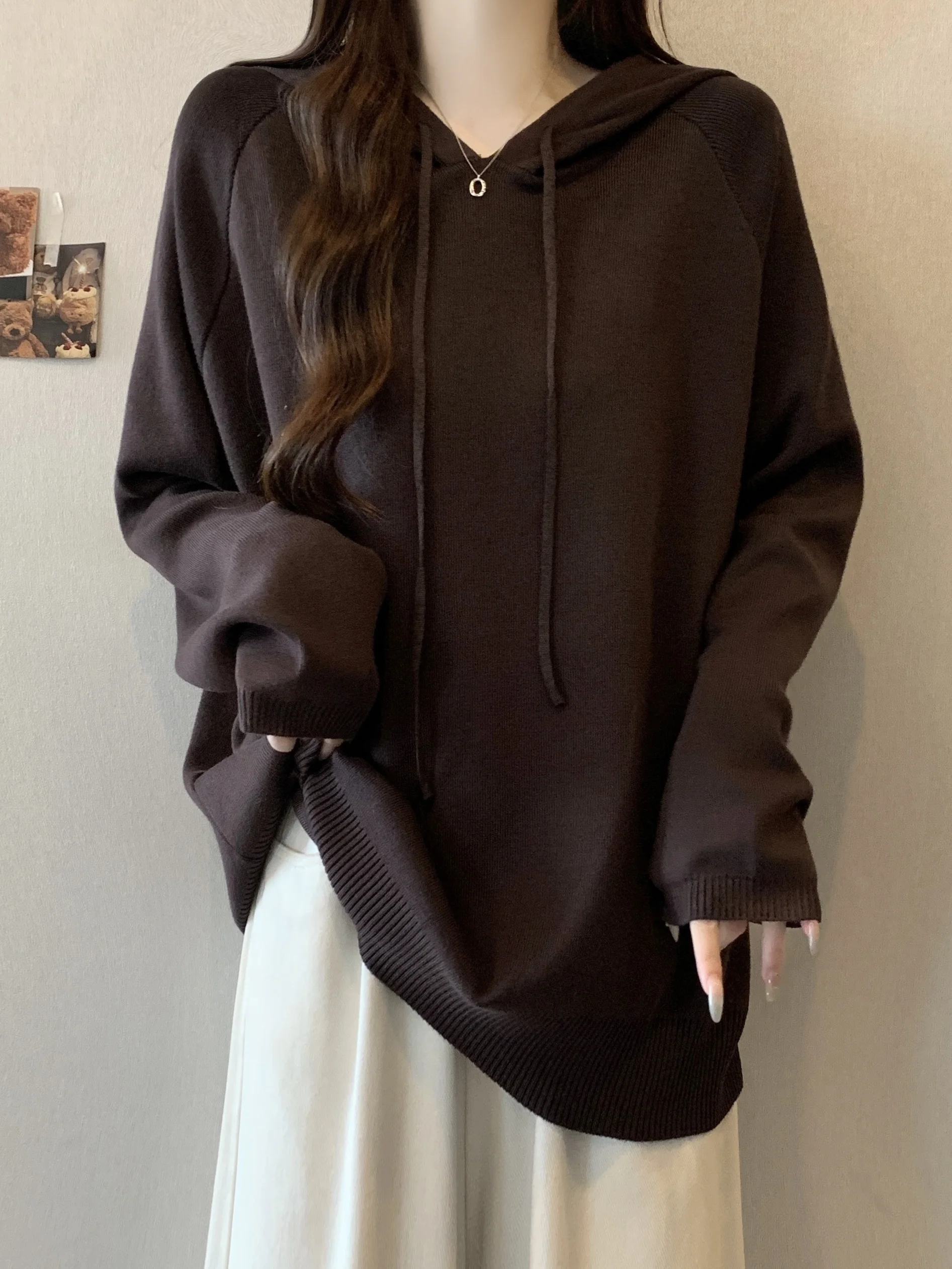 

plus Size Women's Lazy Sle Embroidered Hoodie Long Sve Knitted Loose Belly Covering Outerwear Mid-Length A-Line Dr