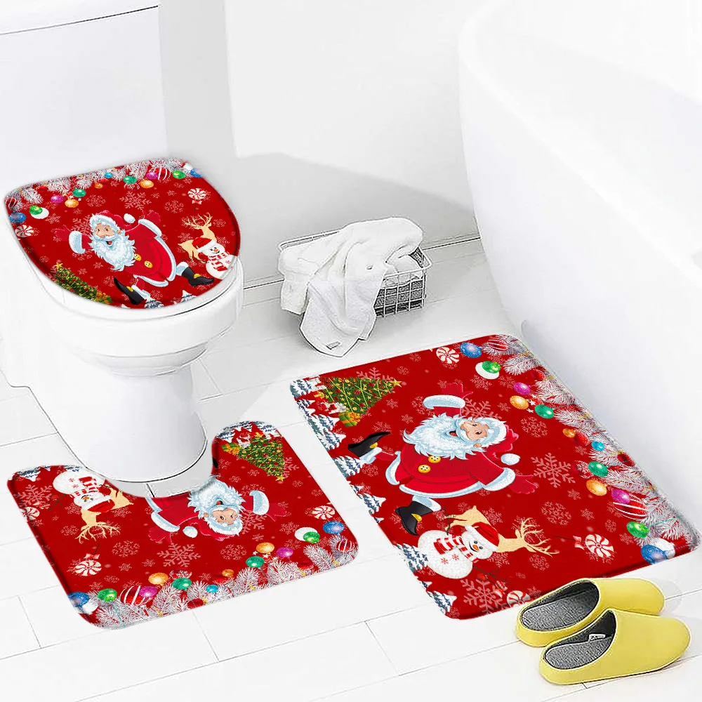 

Коврик для ванной с рождественским рисунком Санта-Клауса, снеговика, рождественской елки с шариками, Зимний Рождественский праздничный красный нескользящий фланелевый коврик для ванной