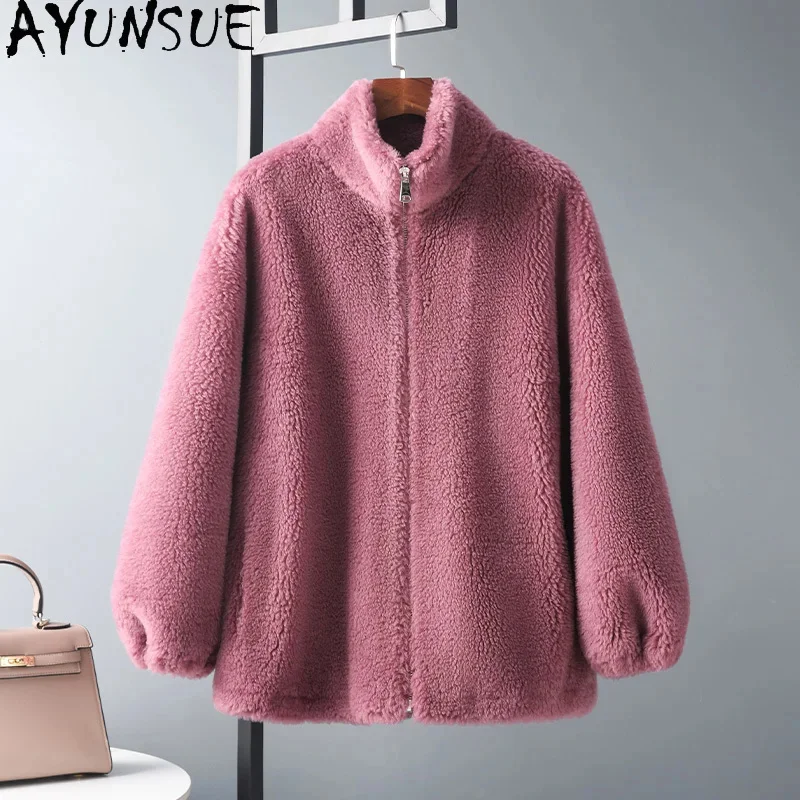 New AYUNSUE Sheep Shearing Jacket for Women 2024 Autumn Winter 100% Wool Coats Casual Loose Fur Coat Standing Collar Abrigos