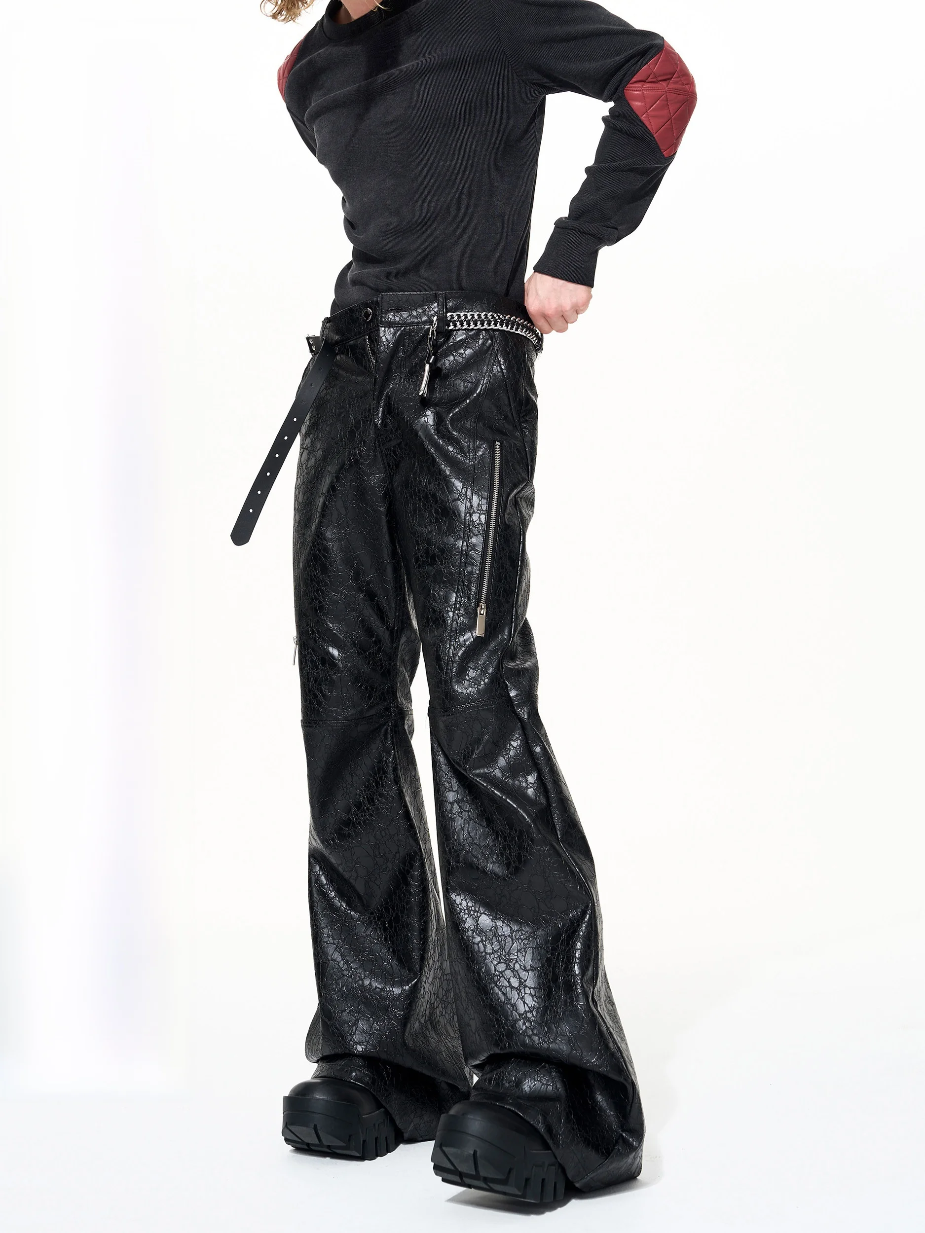 

Мужские расклешенные брюки из искусственной кожи с металлической молнией и текстурой, осенне-зимние, молодежные, модные джинсы