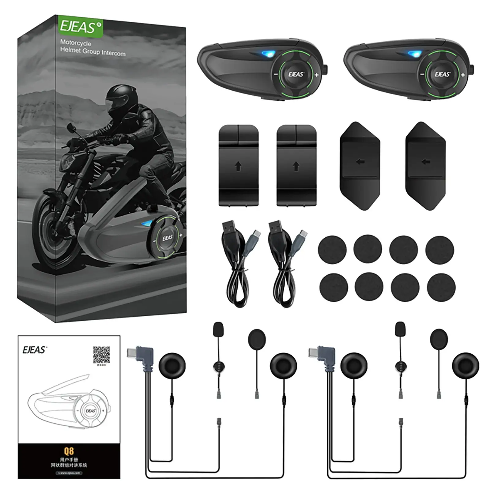 

EJEAS Q8 6 People to Intercom at the Same Time Mesh System Simultaneous Intercom and Music Motorcycle Intercom Walkie Talkie