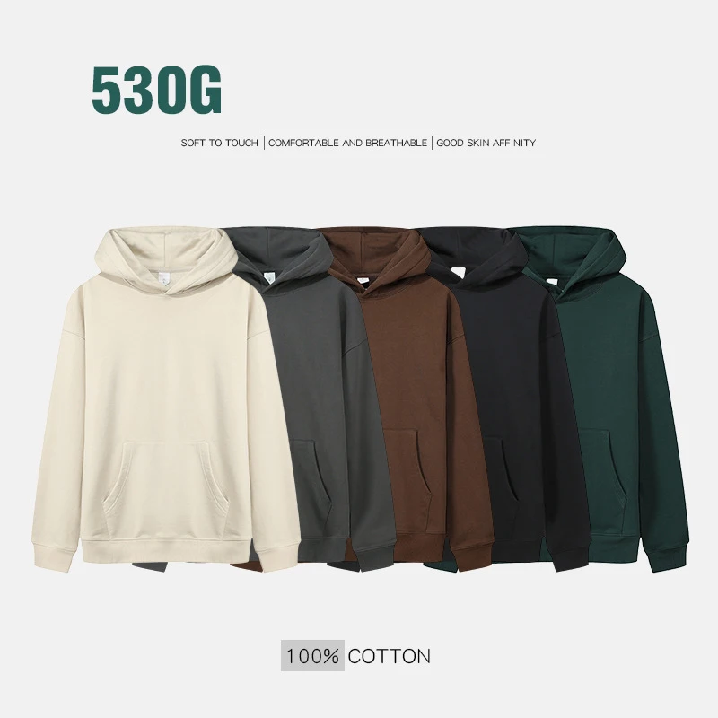 530GSM 100% Cotton French Terry High-end Heavy Weight New Fashion Winter Pullovers Casual Thick Drop-Shoulder Sweatshirt Hoodies