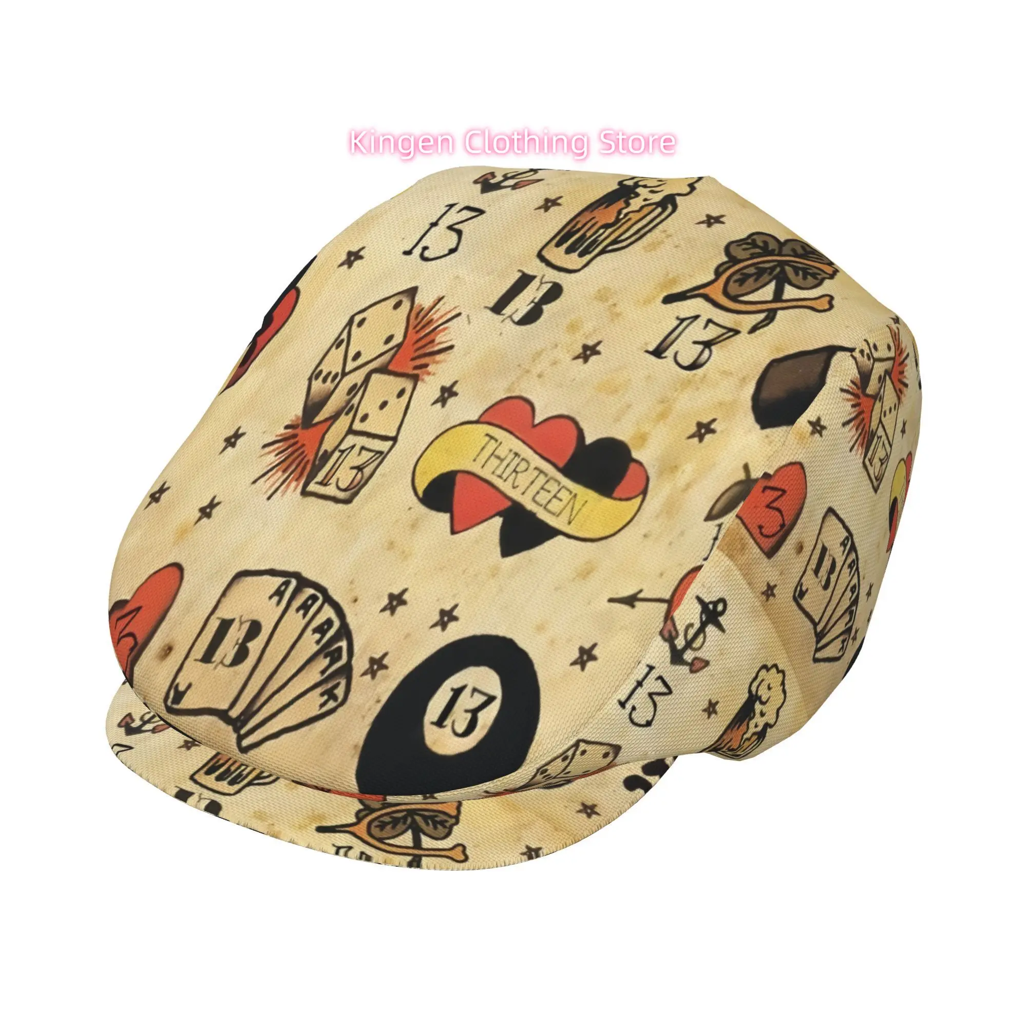 1pc Thirteen Unlucky Tattoo Illustration Guide All-over Printed Beret, Retro Newsboy Cap, Unisex, a Must-have Fashion Accessory