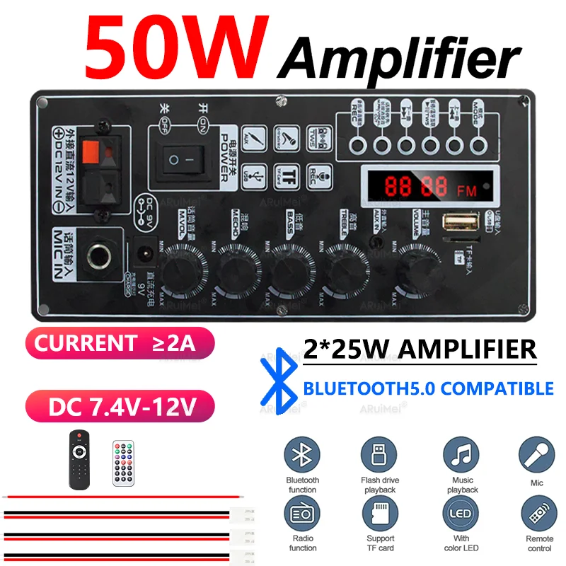50W Car Equalizer Amplifier Module Board 2*25W Amplifier with Bluetooth DC 7.4V-12V FM USB TF AUX
