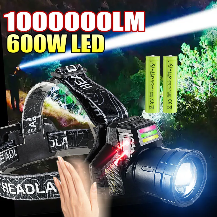 1000000LM 600W IR Sensor Most Powerful Headlamp Rechargeable High Power LED Head Flashlight Fishing Head Lantern Front Light
