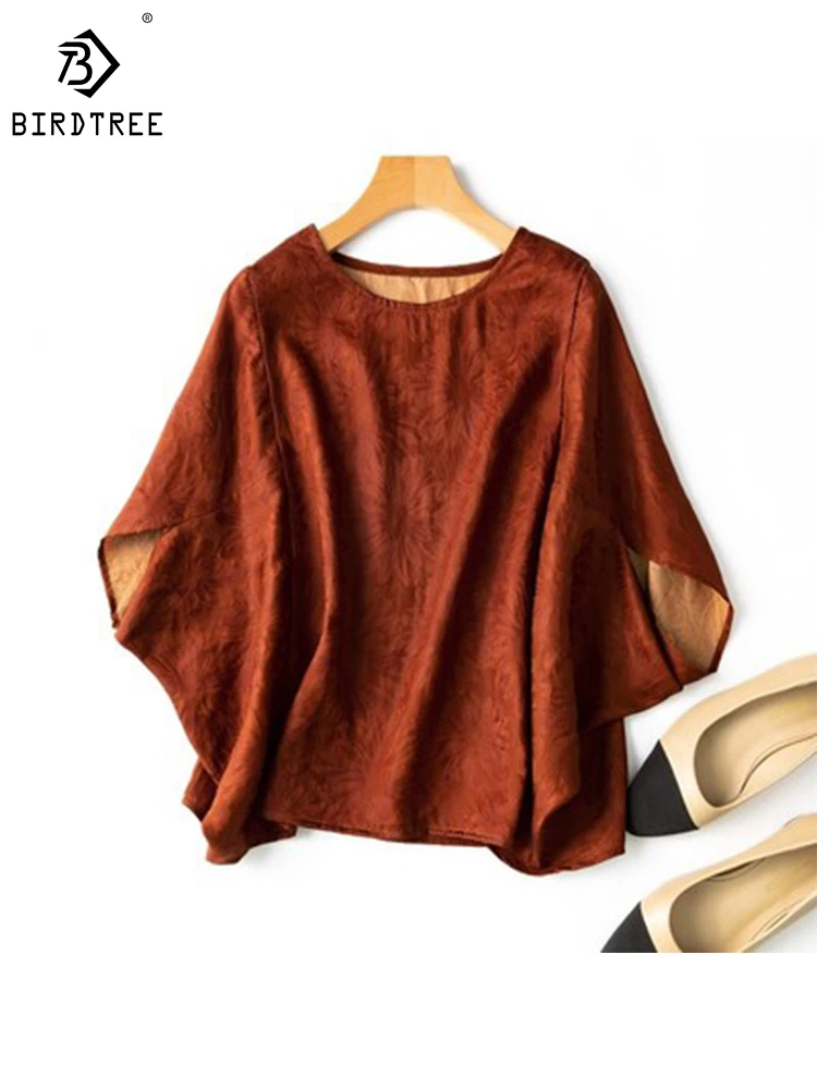 

Birdtree 100%Natural Mulberry Silk Tshirt Watered Gauze Fashion New Women's Clothes Autumn Bat Sleeve Women's Top Loose T38156QD