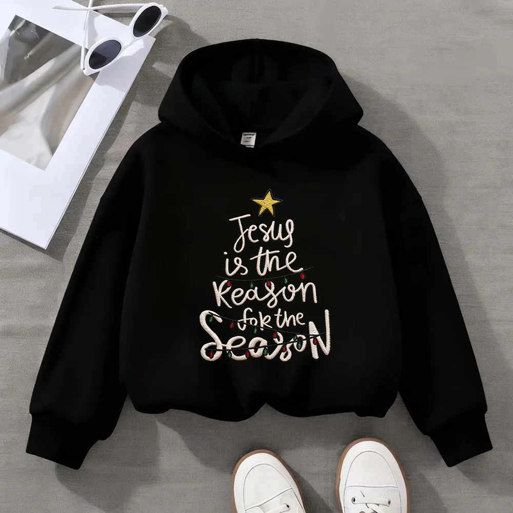 Kids Jesus is the Reason for the Season Embroidered Hoodie Christmas Christian Faith Pullover for 3-14 Years Boys Girls