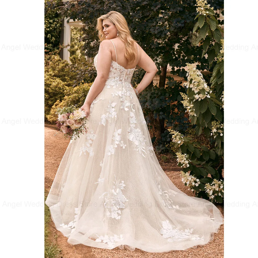 Vestido De novia De Ángel acampanado De talla grande para mujer, tirantes finos con cuello en V y traje Sexy, precioso encaje sin mangas, hecho a medida