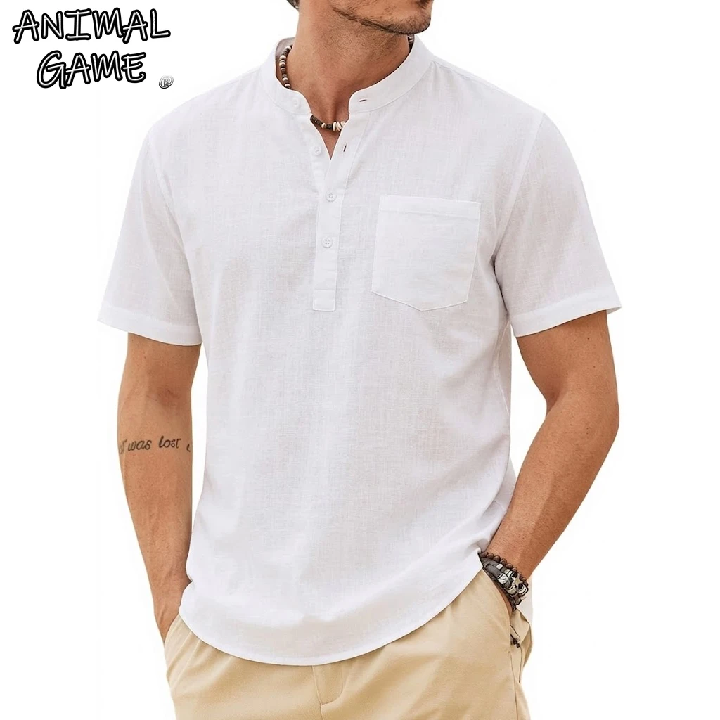 Summer Men's Casual Short Sleeve Shirt Solid Luxury Linen Shirt Trendy Breathable Loose Cotton Hawaiian Shirt Pocket Vintage Top
