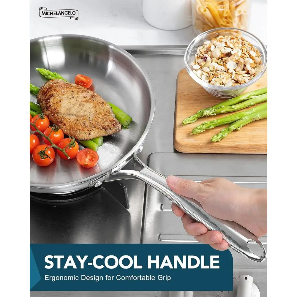 Juego de sartenes para freír de acero inoxidable de triple capa, 8, 9,5 y 11 tamaños, mango ergonómico, listo para inducción