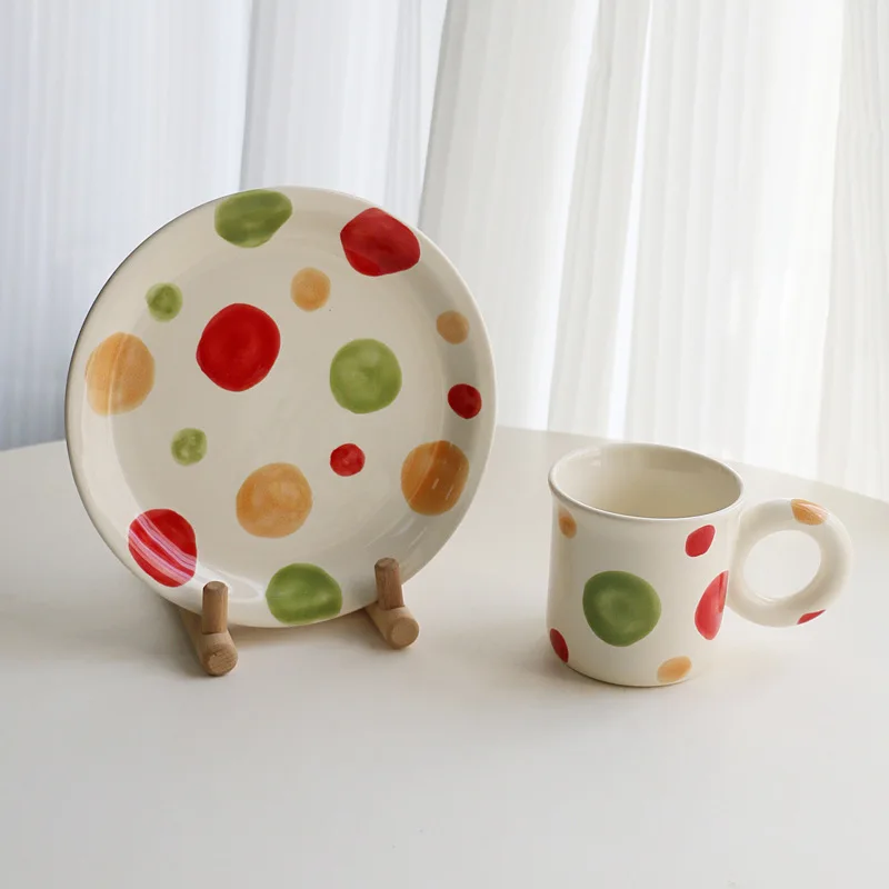 Small Fresh Cup Hand Painted Color Large Polka Dot Ceramic Mug Personality Big Ears Water Cup High Appearance Level Fruit Bowl