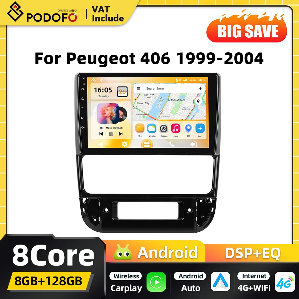 Podofo Qualcomm 8-Core Carplay 2DIN lecteur multimédia Android pour voiture pour Peugeot 406 1999-2004 Navigation GPS DSP WIFI FM RDS