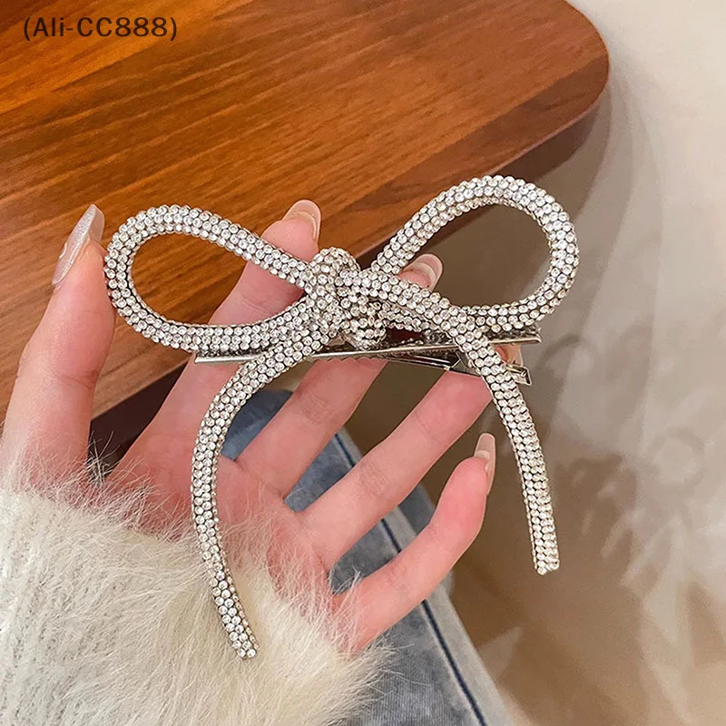 Pinza para el pelo con lazo de diamantes de imitación y purpurina blanca dulce. Horquilla con lazo Ultra flash a la moda, adornos para el cabello con pinza de cocodrilo para boda nupcial