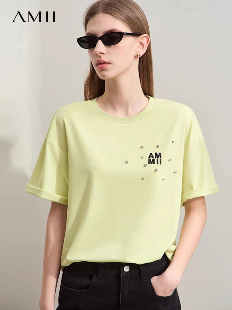 

Amii Minimalism 2024 Summer New O-Neck T-shirts For Women Embroidery Loose Drop-shoulder Sleeve Casual Basics Tops Lady 12442149