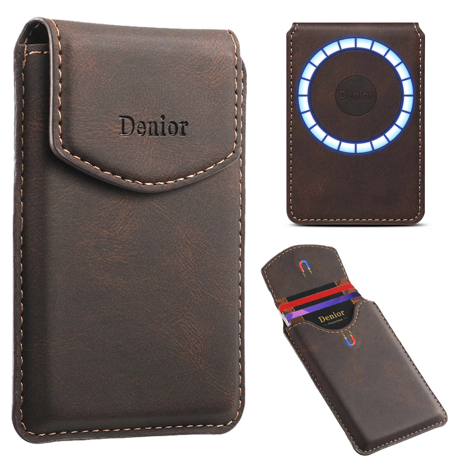 Denior PU-Leder Magnetische Handyhülle für iPhone 17 16 15 14 13 12 Pro Max Plus, RFID 4-Kartenhalter mit Schnappverschluss-Tasche – Detail 5