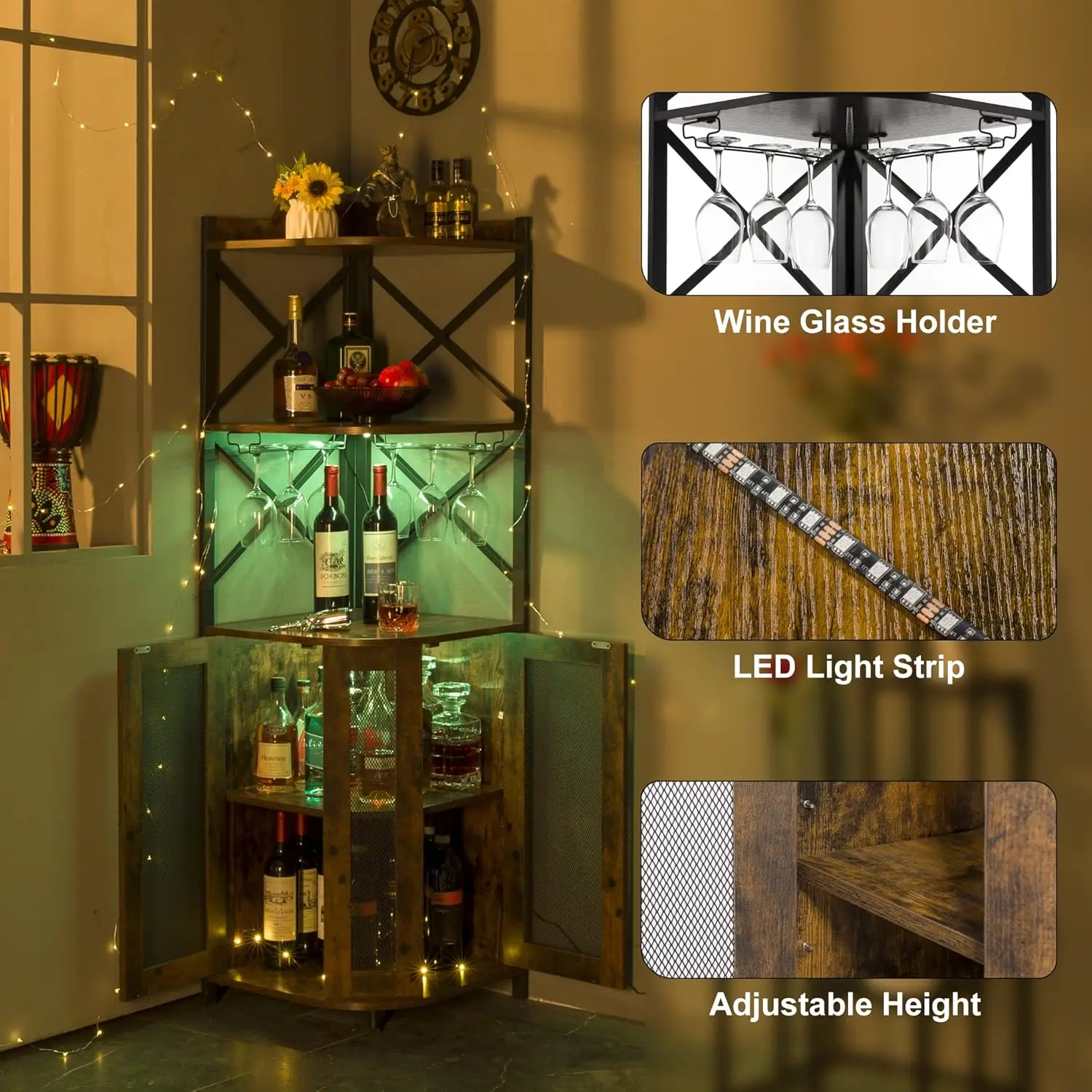 Armário de bar de canto JKsmart com luzes LED, armário de bar de vinho industrial de 5 camadas com suporte de vidro, armário de bebidas de fazenda