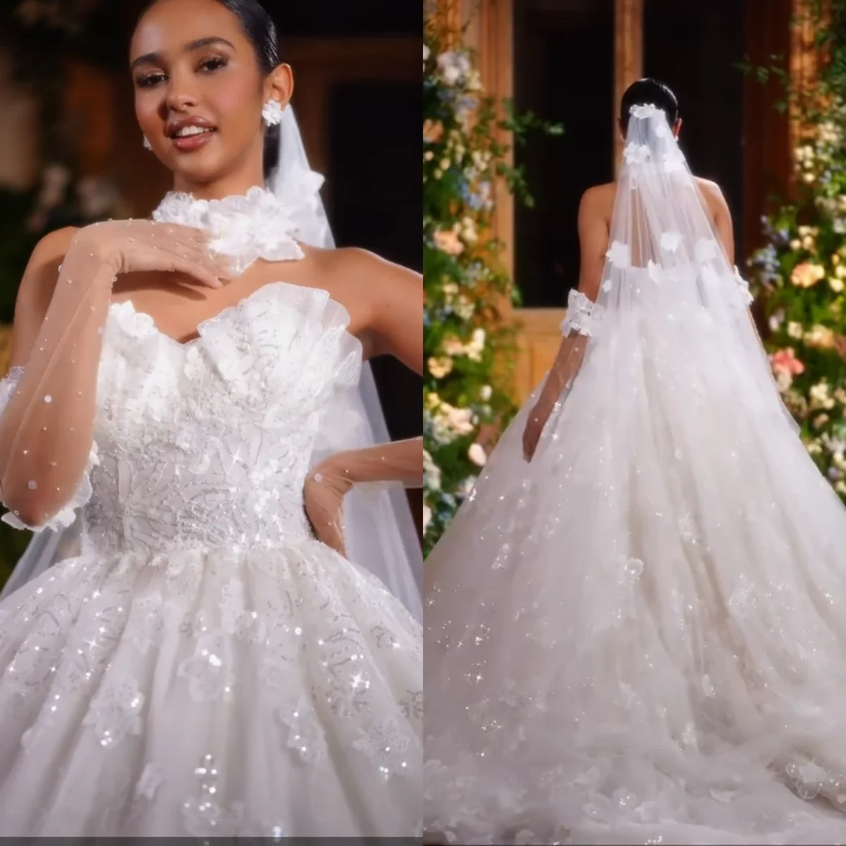 

Custom Luxury Sparkle Tulle Ball Gown Wedding Dress 2026 Elegant Off Shoulder 3D Flower Bridal Gown with Vestido De Novia