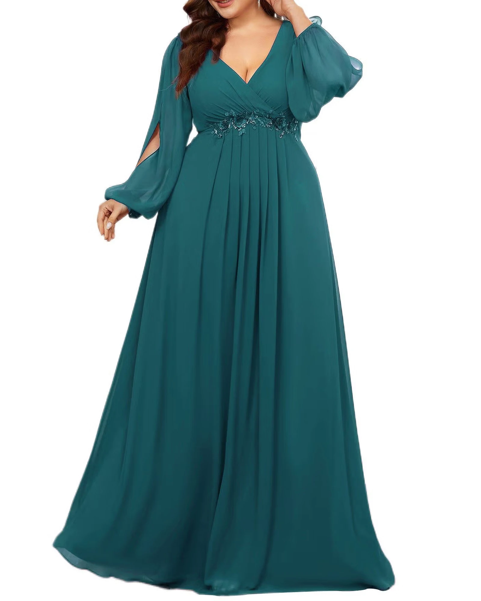 

Сексуальное шифоновое вечернее платье больших размеров с v-образным вырезом для женщин, однотонное элегантное плиссированное длинное платье с вырезом на талии и рукавами-фонариками