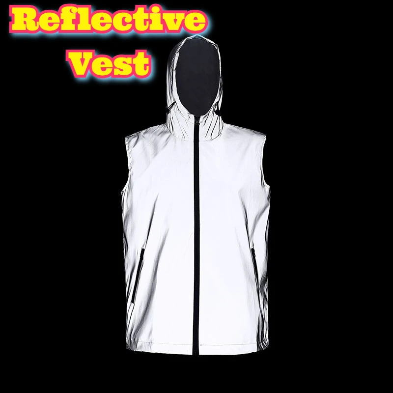 Reflective Sleeveless Hooded Vest Men Summer Running Cycling Safety High Visibility Hip Hop Streetwear Lightweight Sportswear