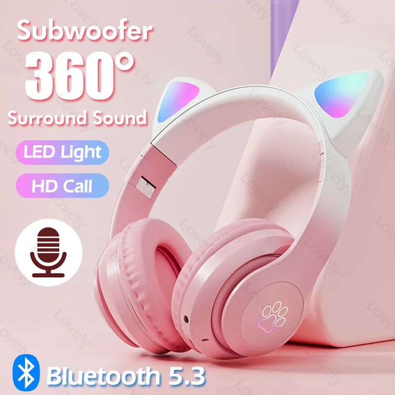 Over-Ear Cat Ear LED Breathing Light Gaming Wireless Bluetooth Headphones with TF Card Slot & Gradient Color