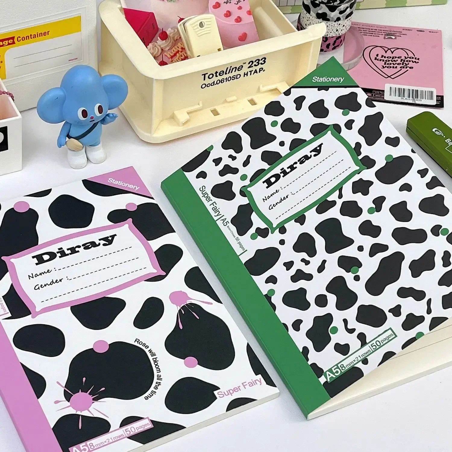 IFFVGX A5 50 Sheets Notebook Kawaii Checkered Lines Portable American Style Notebook Planner Retro Coil Cow Print Diary School