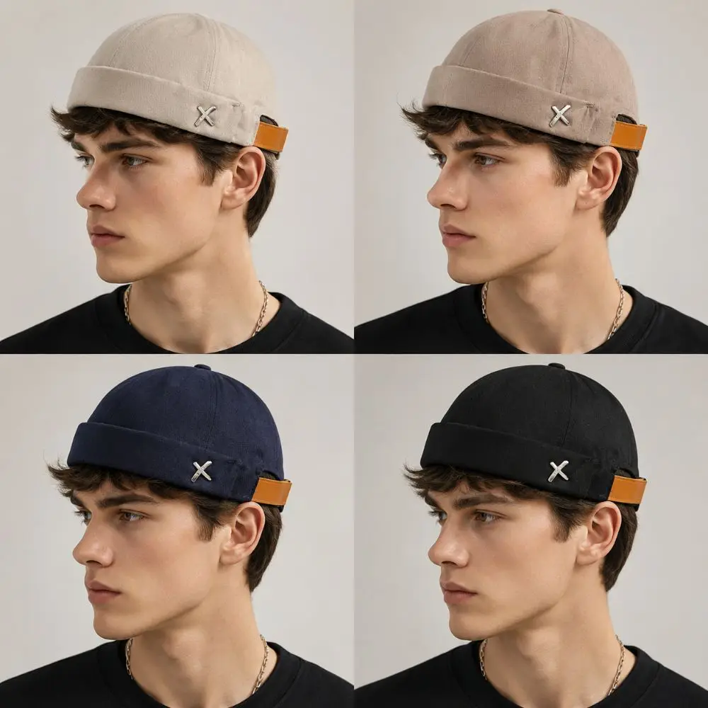 Unisex Solid Color Brimless Docker Cap Adjustable Cotton Dome Melon Cap Vintage Style Brimless Hat For Men Women