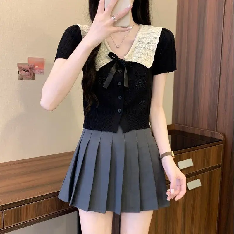 甘い多用途バタフライノットカラーブロック人形ショートニットカーディガン女性の夏のファッショナブルなトップポリエステル半袖