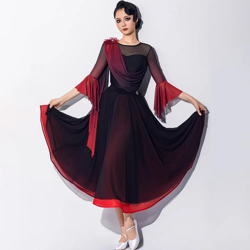 Valse – costume de compétition de danse moderne irrégulière, manches en corne, col rond, haut joint, jupe en arête de poisson dégradée, danse de salle de bal, nouvelle collection