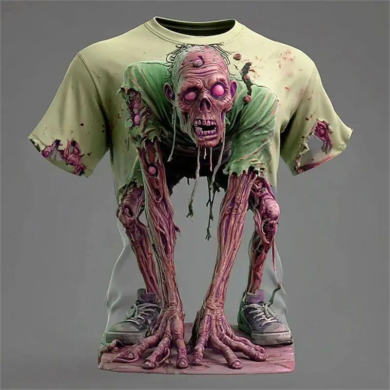 3D-T-Shirt mit Zombie-Print und gruseligem Loch-Effekt, kurzärmeliges, lustiges Halloween-Oberteil – Detail 8