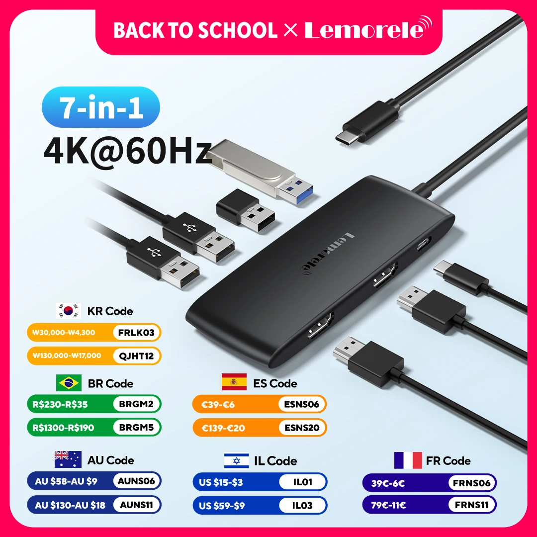 Lemorele USB-C Hub 10Ports Docking Station USB Type C to Dual HDMI 4K 30Hz VGA USB 3.0 Adapter PD100W SD Card Reader for MacBook