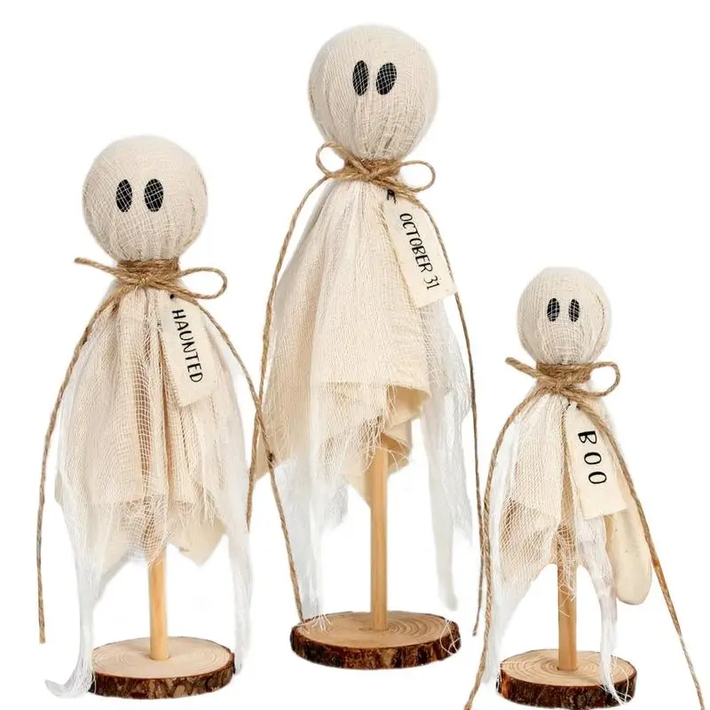 

3pcs Halloween wooden ghost ornaments Halloween Themed Holiday Wooden Stand Portable Rustic Spooky Festive Halloween Accessories