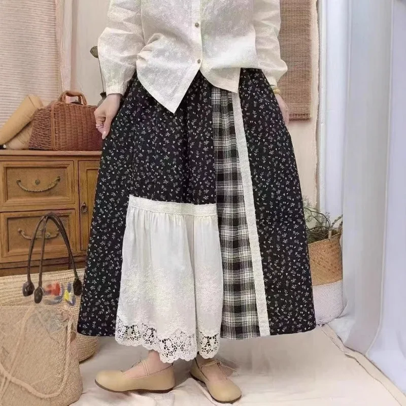 Vintage Mori Girl Style Floral Print Patchwork Plaid Cotton Linen Long Skirt  Womens Spring New A-Line Loose Ruffle Maxi Skirts