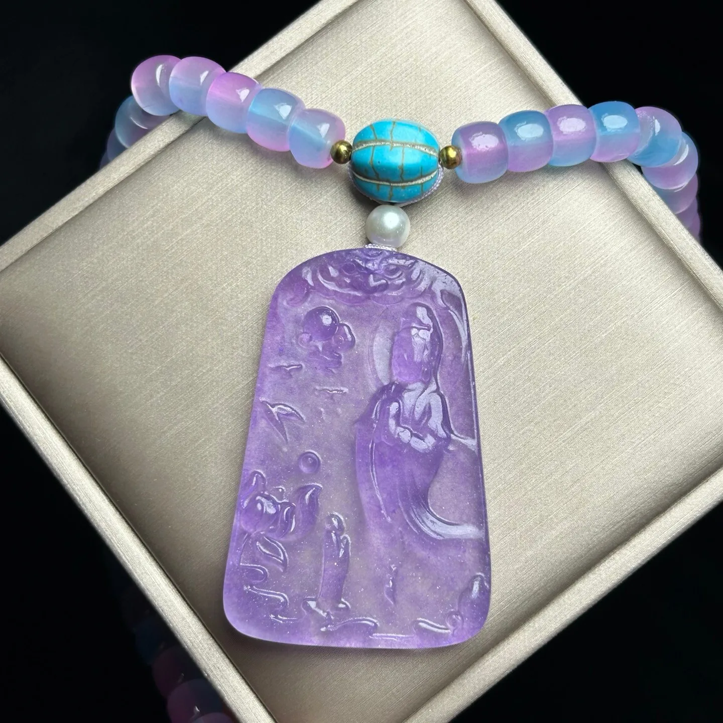 Real Natural High Ice Purple Burme Jade Jadeite amulet Kwan-Yin Pendant&Necklace