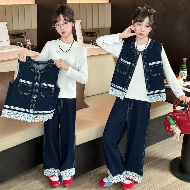 

teen vetement enfant fille Lace splicing denim vest+cotton t-shirt+wide leg jeans junior kid girl clothes suit child outfits set
