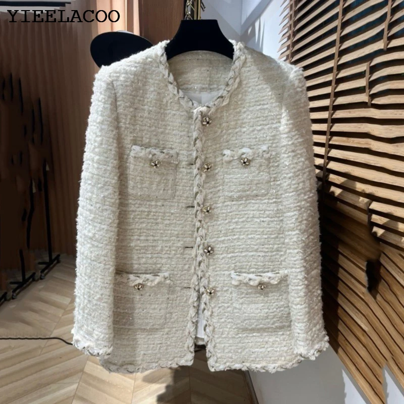 Beige women's tweed jacket autumn/winter Coat tassel design small fragrant jacket One piece classic top