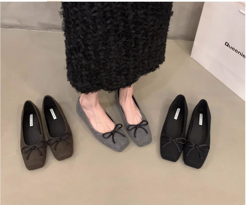 

Французские замшевые туфли на плоской подошве, женские балетки с квадратным носком и галстуком-бабочкой, балетки без шнуровки, ленивые лоферы, мокасины, женская повседневная обувь на плоской подошве